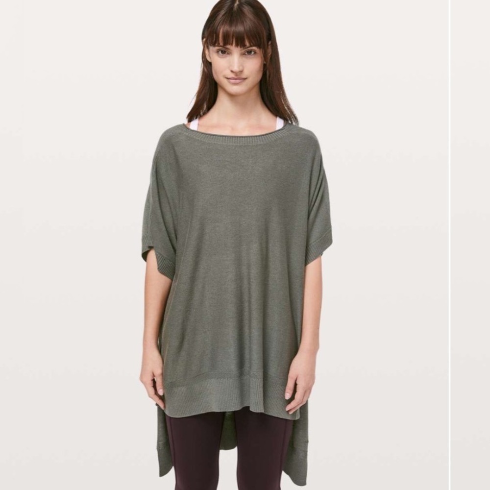 Lululemon Cashmere Blend Poncho Sweater Olive Green OS Oversized High Low Knit